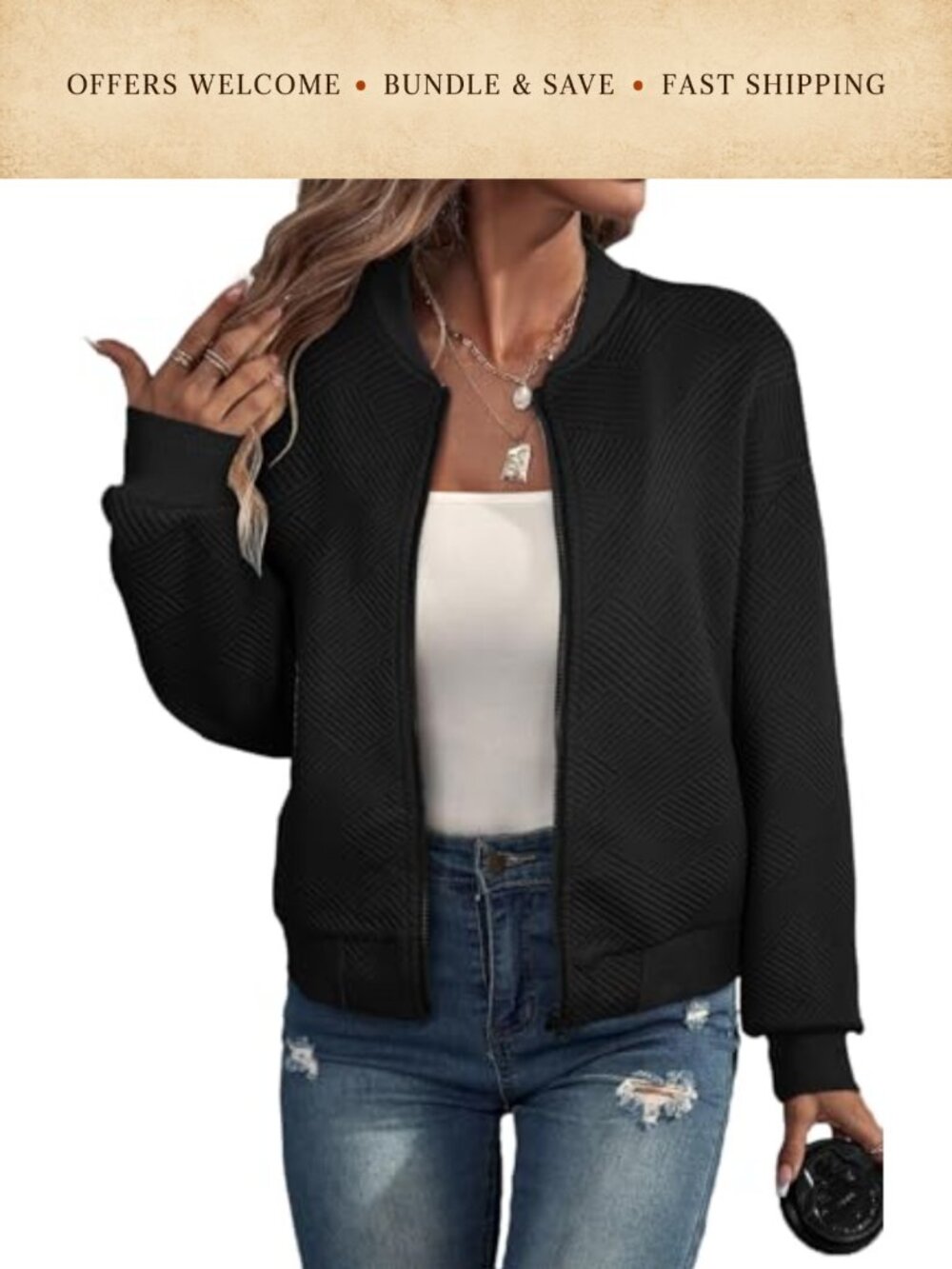 Bomber Jacket Stand Collar Zip Up Lightweight Casual